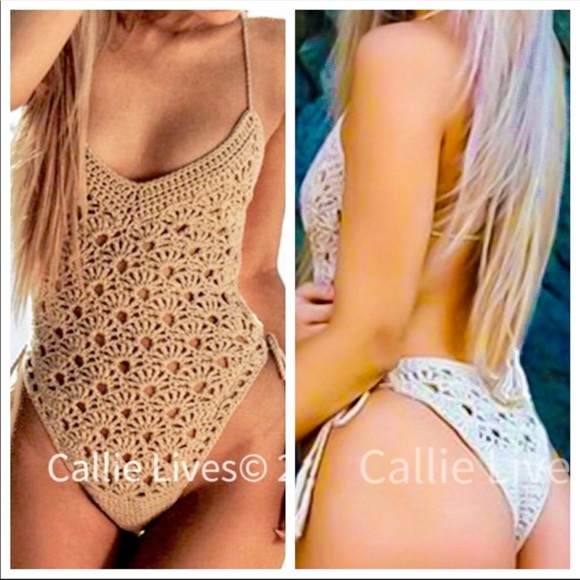 NWT Crochet Retro Sexy BoHo Chic One Piece Thong Back Bathing Swim Suit - Picture 9 of 13